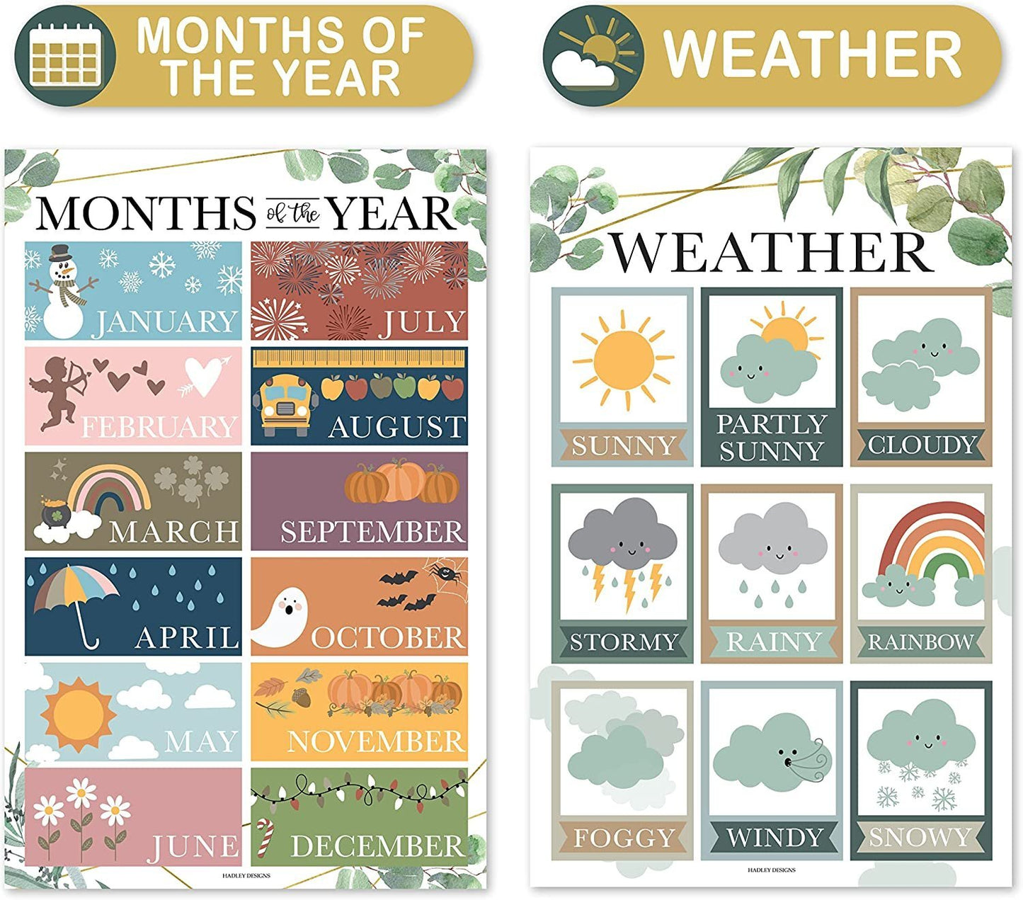 Greenery ABC, Days, Months, & Weather Prek Posters | Set of 4 | Educational Posters