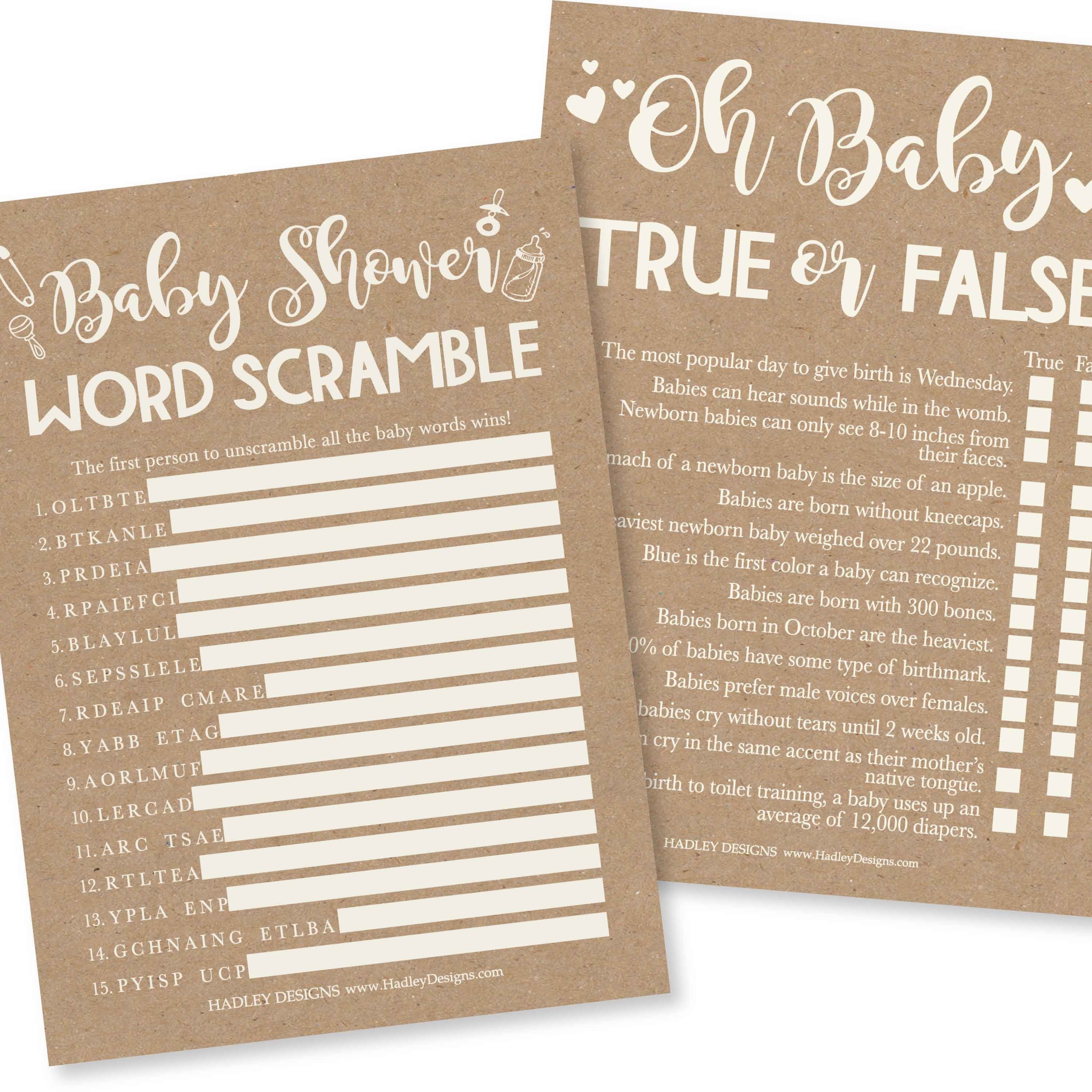 Word Scramble & True or False Games | Set of 25 | Baby Shower Games