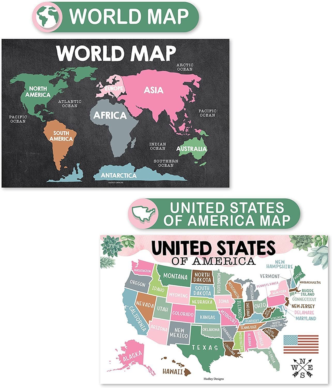 ABC, US Map, World Map, Solar System Posters | Set of 4 | PreK Educational Posters