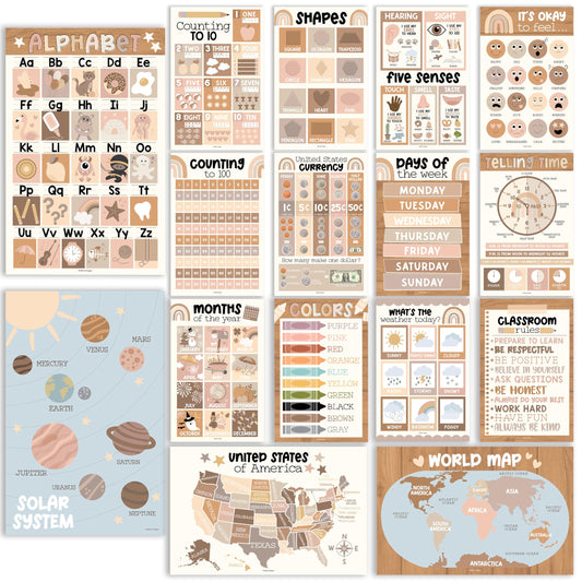 Boho Neutral Educational Posters | Set of 16 | Classroom Supplies