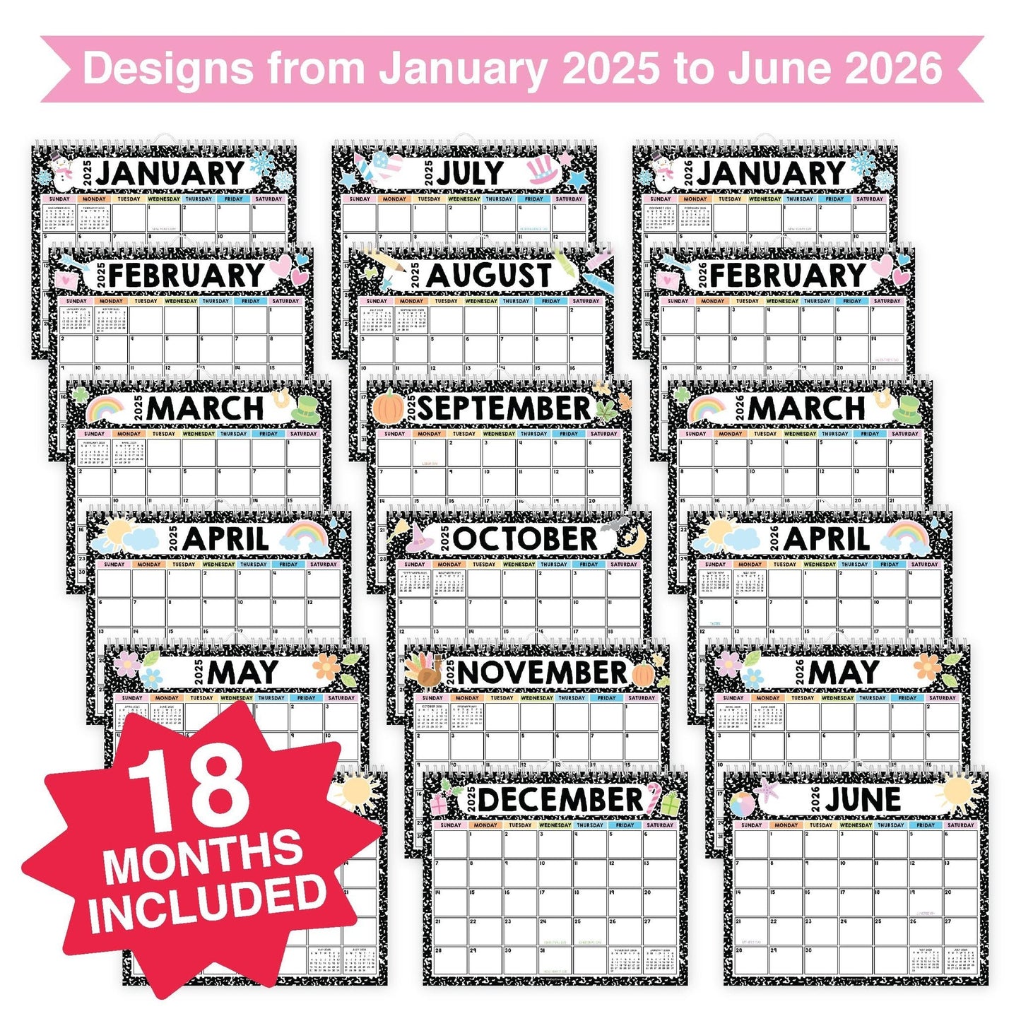 Composition Notebook Large Wall Calendar | 2025-2026 | 18 Month | Home & Office