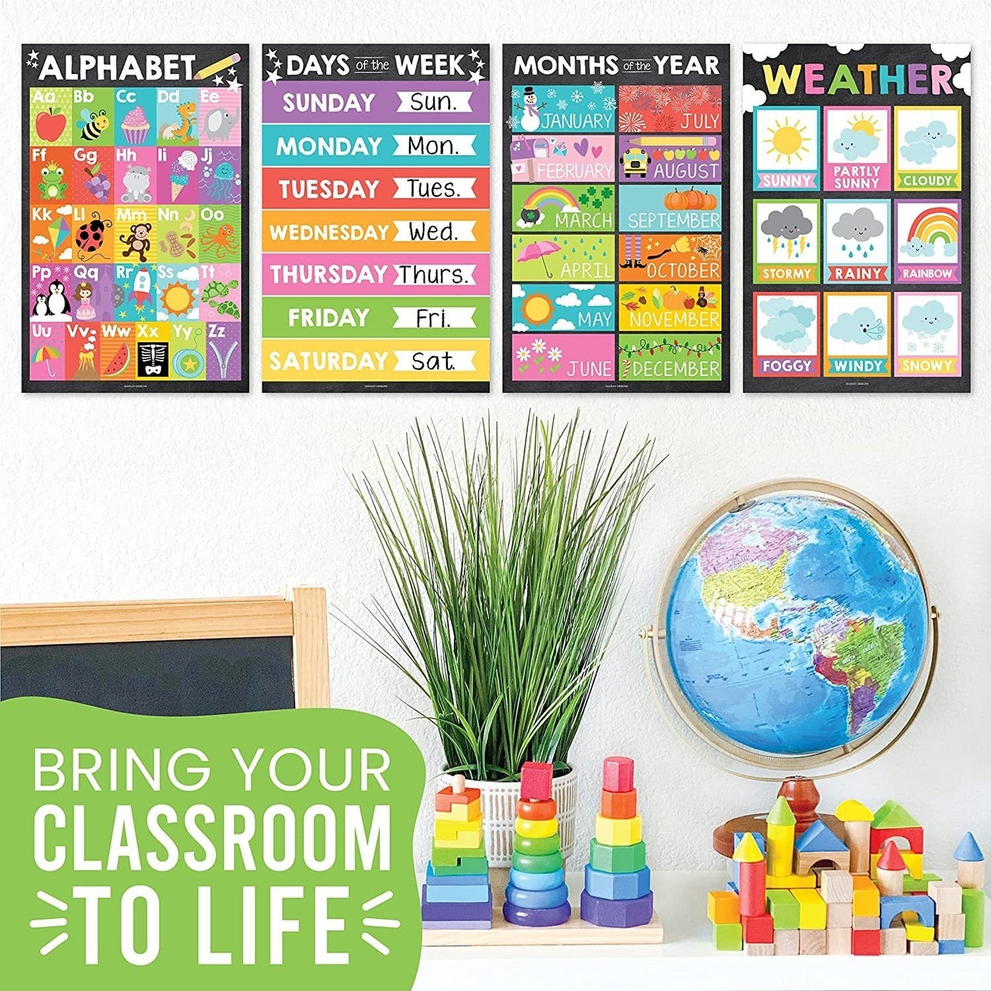 Colorful Chalk ABC, Days, Months, & Weather Prek Posters | Set of 4 | Educational Posters