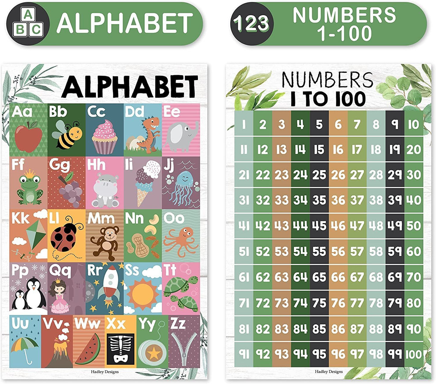 Farmhous Posters | ABC, Numbers 1-100, Colors, and Shapes | Set of 4