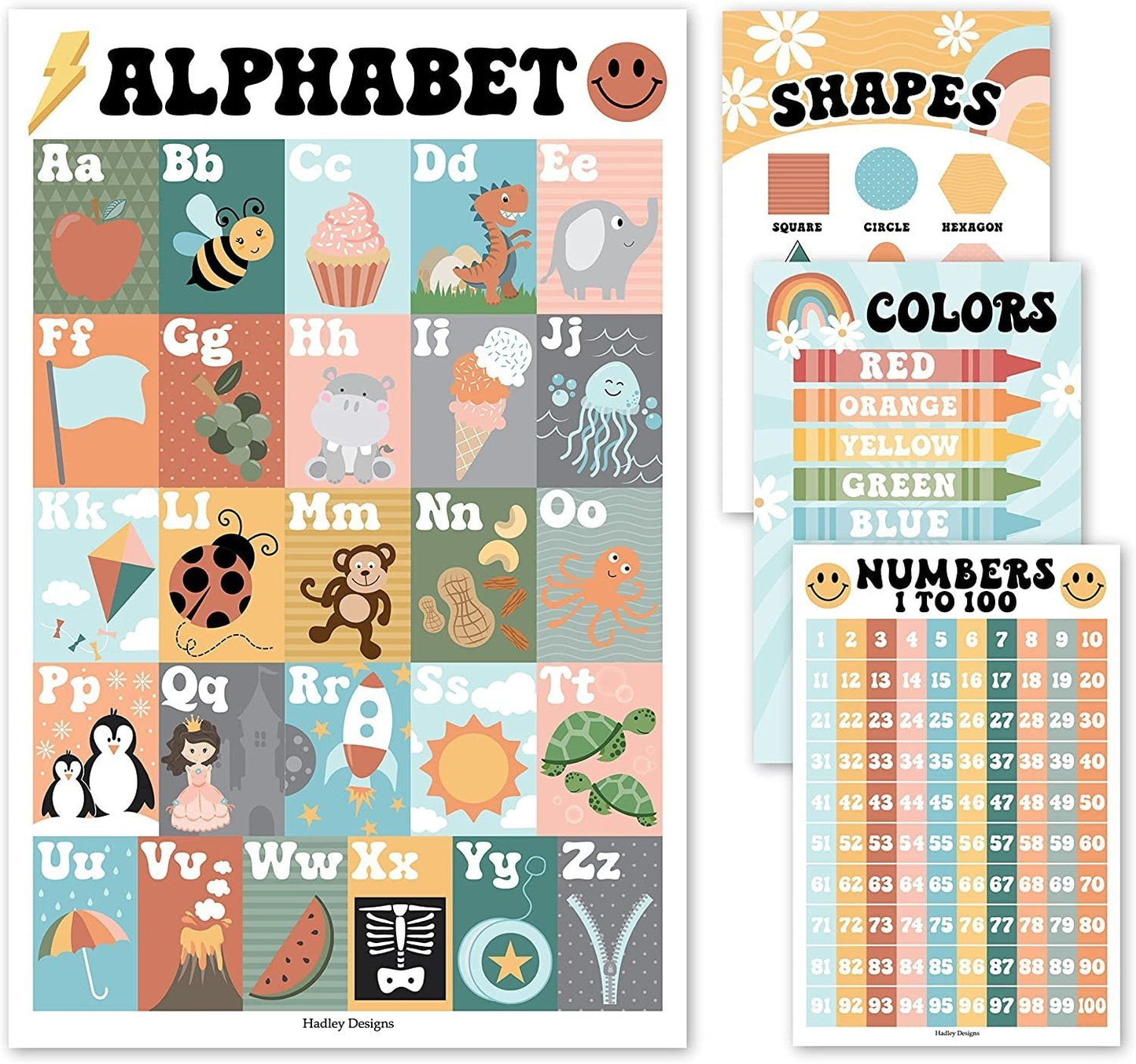 Retro Posters | ABC, Numbers 1-100, Colors, and Shapes | Set of 4