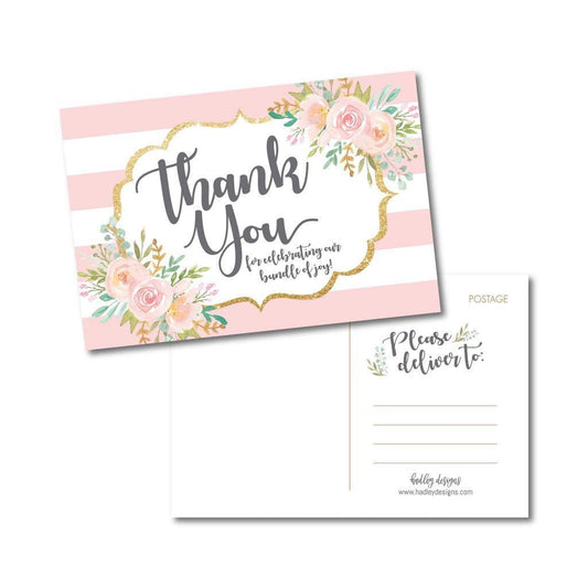 25 Girl Baby Shower Thank You Note Card Bulk Set, Floral Pink and Gold Blank Cute Sprinkle Postcards, No Envelope Needed Stationery Appreciation For Party Gifts, Personalize Printable Cardstock Paper