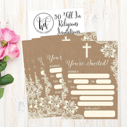 50 Kraft Religious Invitations, Confirmation, Holy Communion, Baptism, Christening, Baby Dedication or Blessing, Reconciliation, 1st First Communion Invites, Easter Party Invitation Cards