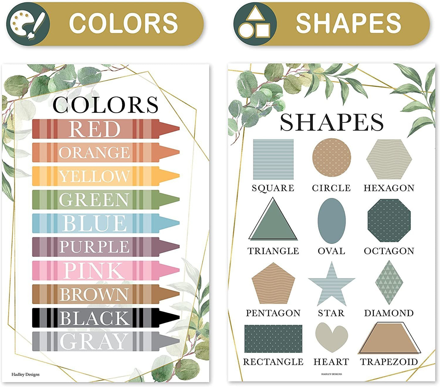 Greenery Posters | ABC, Numbers 1-100, Colors, and Shapes | Set of 4