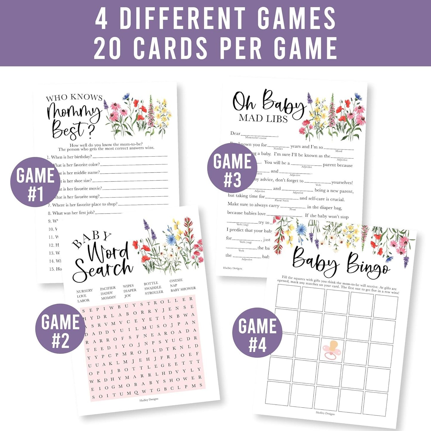 40 Floral Baby Shower Games For Girl - Baby Games For Baby Shower Bingo Game Girl, Who Knows Mommy Best Baby Shower Game, Baby Girl Baby Shower Word Search Game, Advice Cards Baby Shower Mad Libs Game