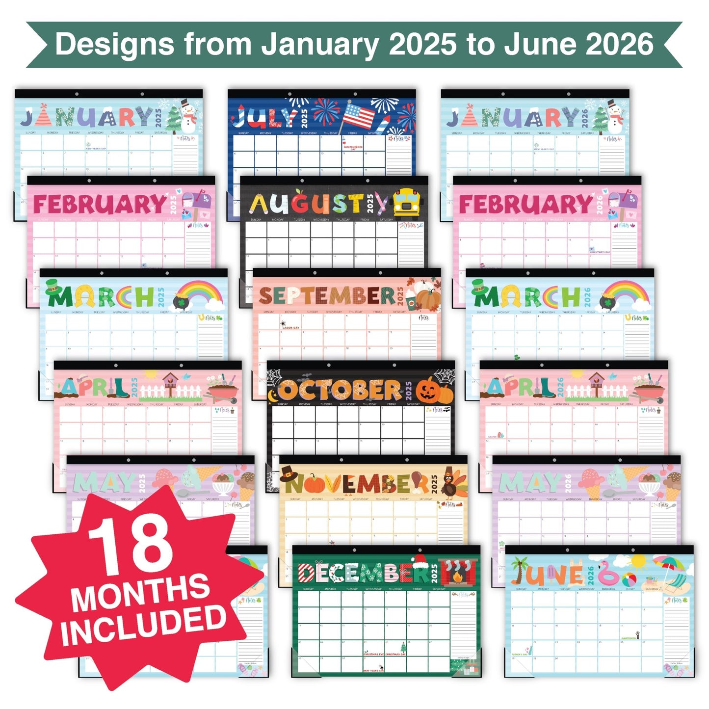 Doodle Typography Large Desk Calendar | 18-Month | 2025-2026 | Calendars & Planners