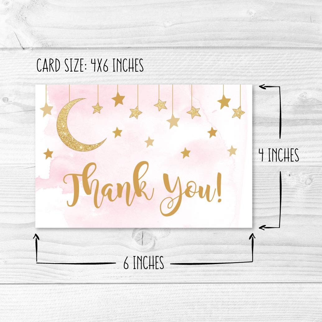 Pink Moon & Stars Folded Thank You Cards | Set of 24 | Baby Shower