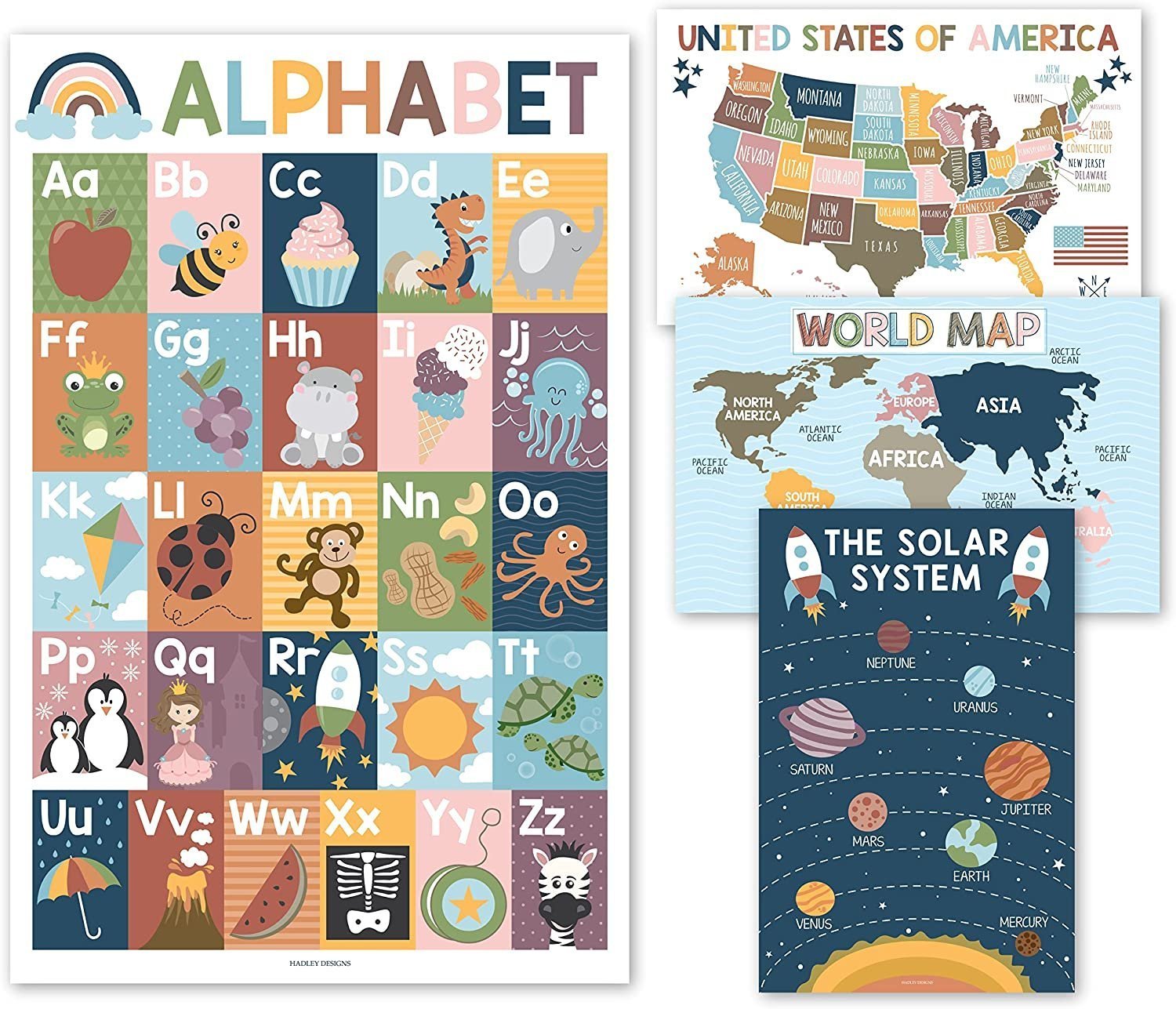 ABC, US Map, World Map, Solar System Posters | Set of 4 | PreK Educational Posters