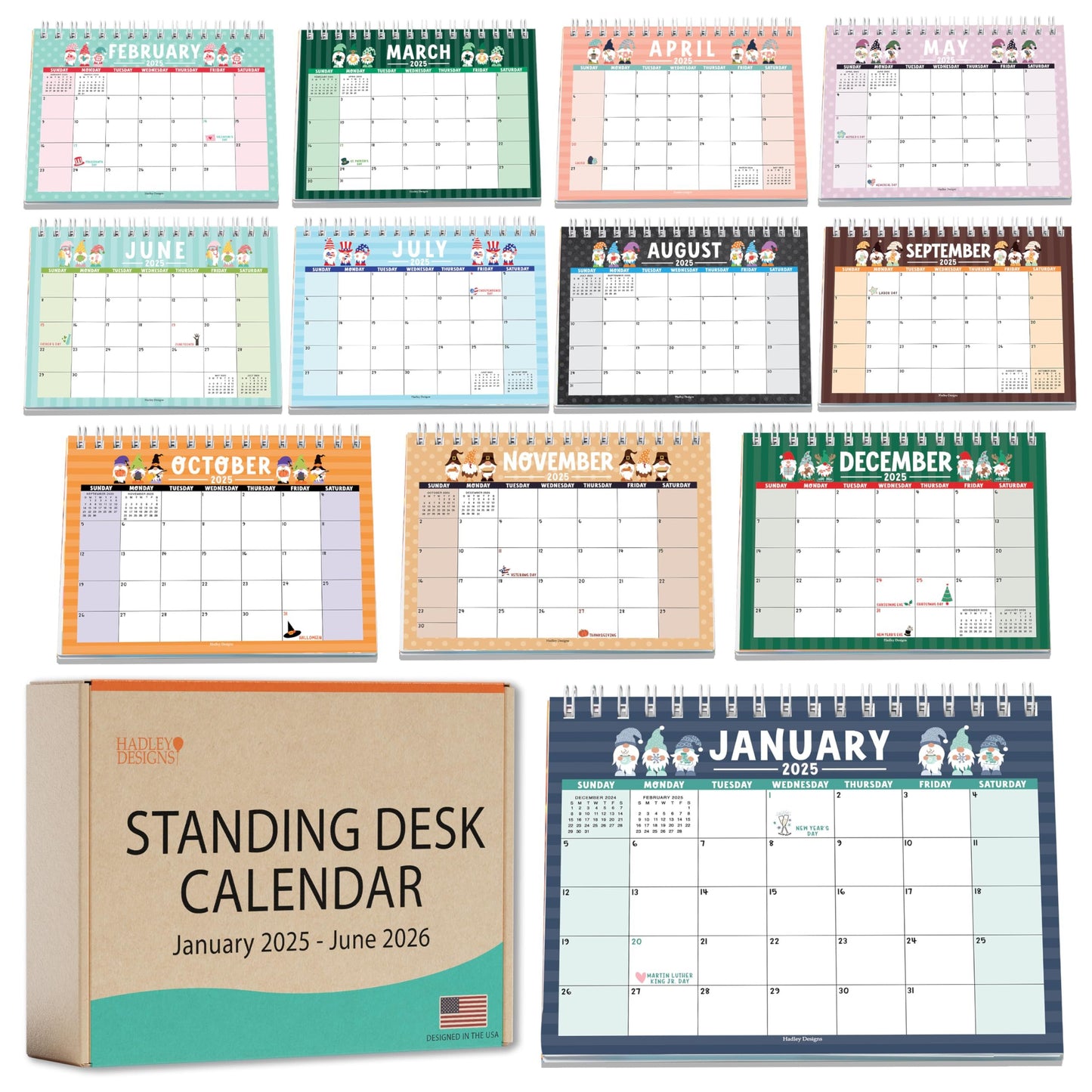 Gnome Small Desk Calendar | 2025-2026| Standing Flip Calendar