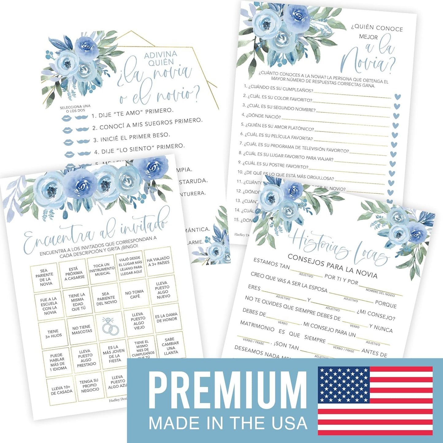 Dusty Blue Spanish Bridal Shower Games 20 Guests - Juegos Para Despedida De Soltera En Español, Wedding Shower Games, Bridal Shower Bingo In Spanish, Popular Bridal Shower Games Spanish Edition