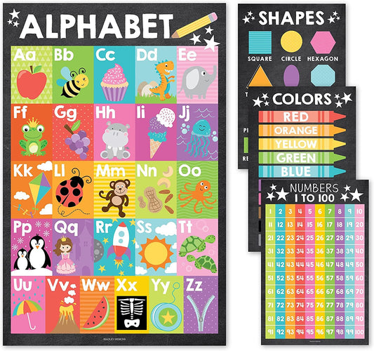 4 Colorful Pre K & Kindergarten Homeschool Supplies - ABC Chart For Wall For Toddlers, Number Chart 1-100 For Kids For Wall, Color Posters For Classroom Posters Preschool, Preschool Learning Posters