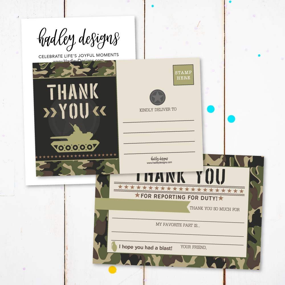 25 Camo Army Party Fill In The Blank Kids Camouflage Thank You Cards, Military War Guns Themed Scavenger Hunt Bday Party Notes, Hunting Adult or Children Birthday, Marine Supplies, Grenade Ideas