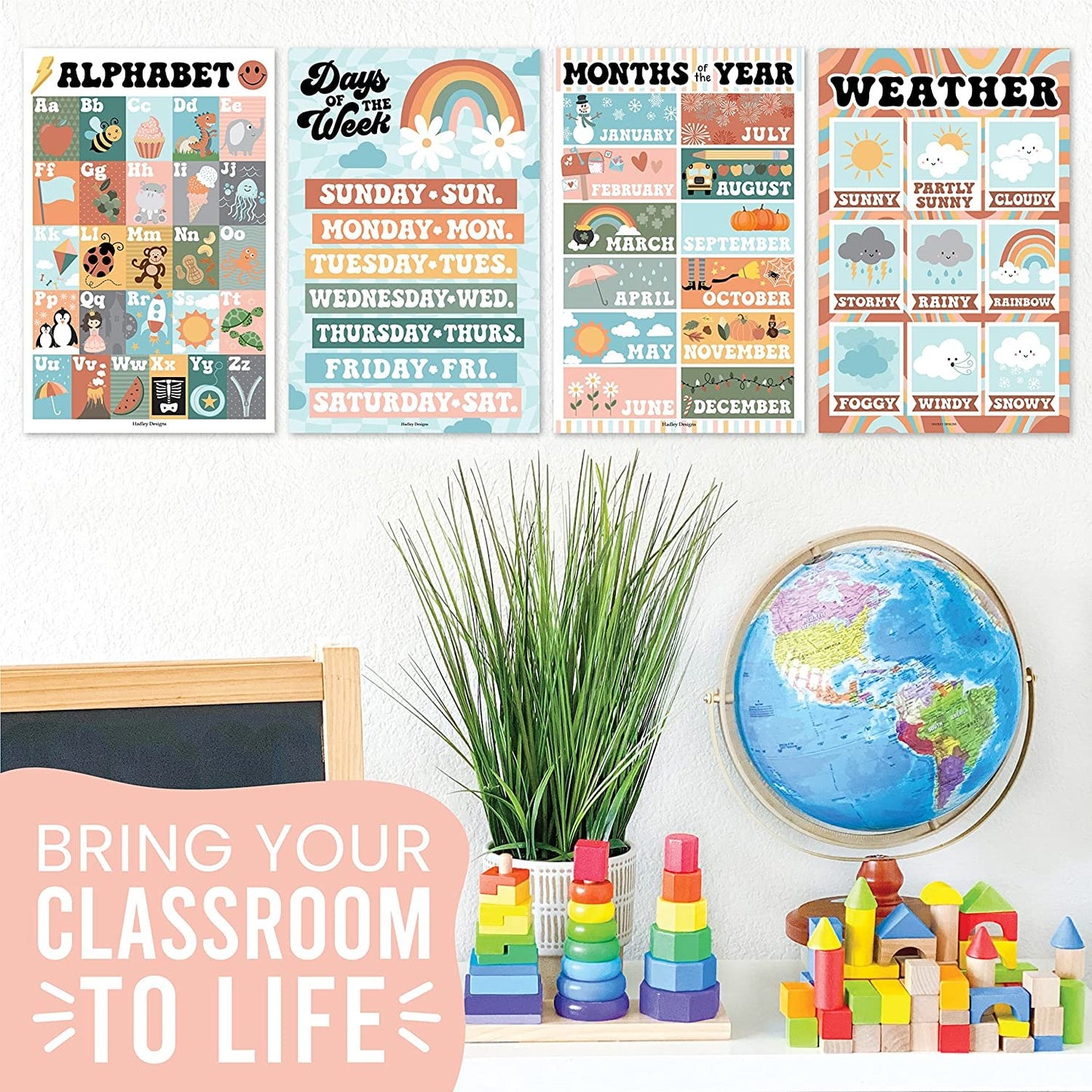 4 Retro Kids Educational Posters For Toddlers - Alphabet Poster For Toddlers, Days Of The Week For Kids, Months Of The Year For Classroom Decorations For Teachers, Kindergarten Homeschool Supplies