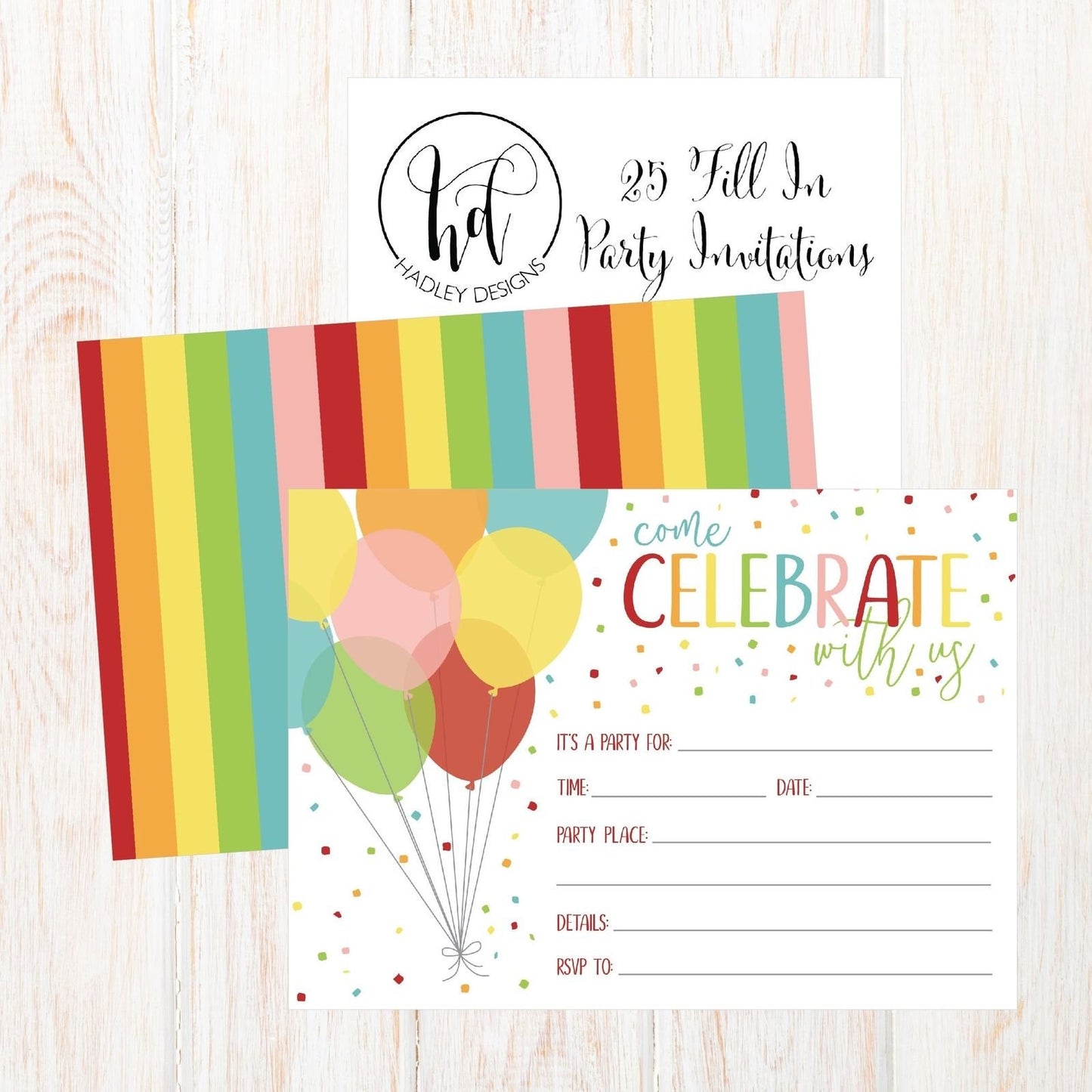 25 Rainbow Balloon Party Invitations for Kids, Teens, Adults, Boys & Girls, Blank Children Happy 1st Birthday Invitation Cards, Unique Baby First Bday Invites, Toddler 1 2 3 Year Old Invites Fill In