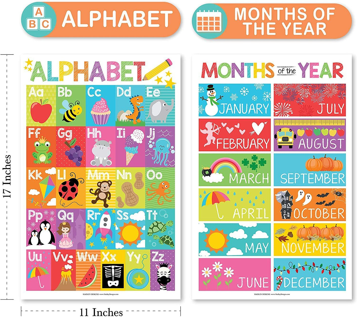 Colorful ABC, Days, Months, & Weather Prek Posters | Set of 4 | Educational Posters