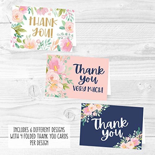 Navy Blush Floral Folded Thank You Cards | Set of 24 | General