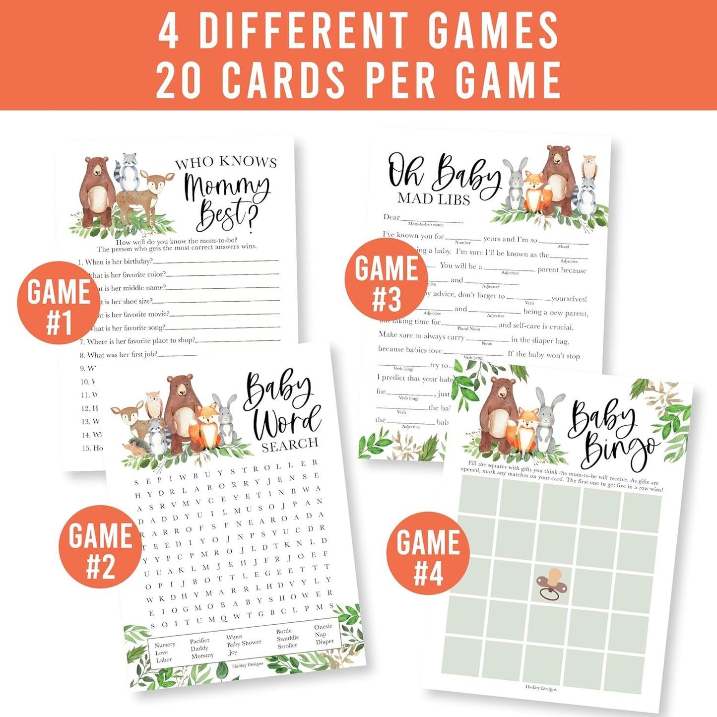 40 Woodland Baby Shower Games Gender Neutral - Baby Girl Baby Shower Bingo Game Girl, Who Knows Mommy Best Baby Shower Game, Boy Baby Shower Word Search Game, Advice Cards Baby Shower Mad Libs Game