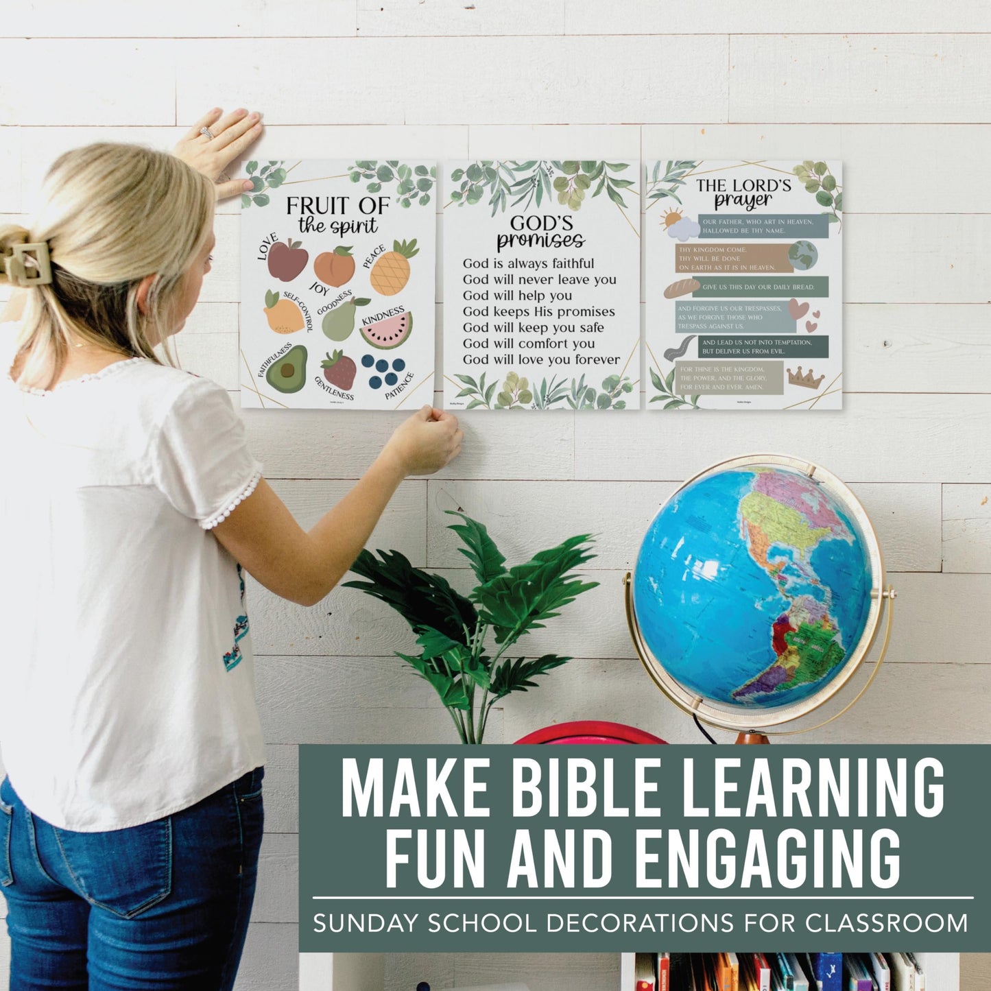 9 Greenery Sunday School Decorations For Classroom - Sunday School Posters, Christian Posters, Christian Classroom Decor, Books Of The Bible Poster, 10 Commandments For Kids, Bible Timeline Chart