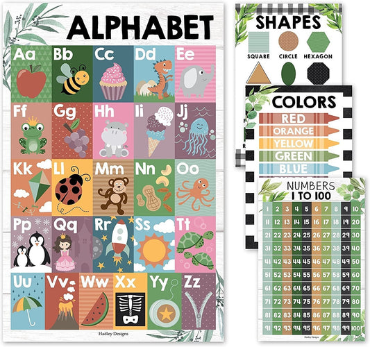 Farmhous Posters | ABC, Numbers 1-100, Colors, and Shapes | Set of 4