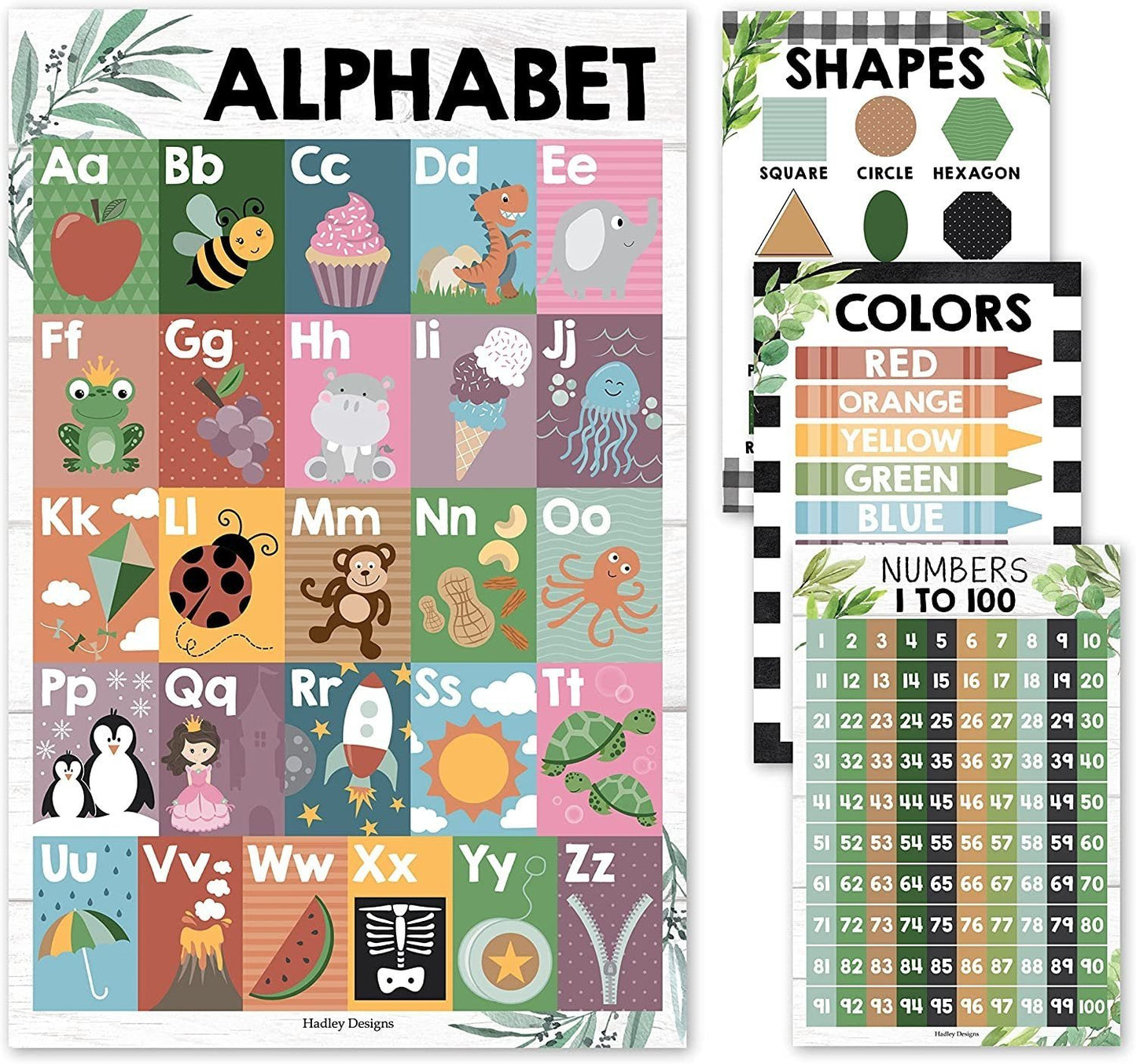 Farmhous Posters | ABC, Numbers 1-100, Colors, and Shapes | Set of 4