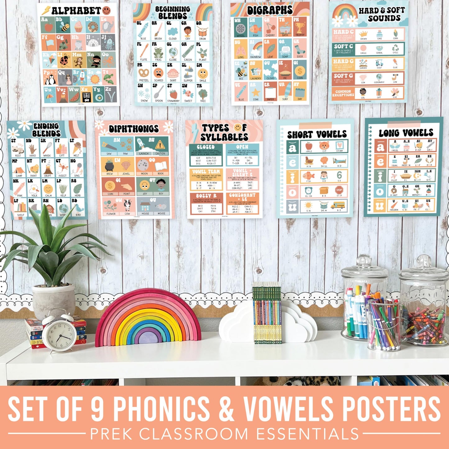 Retro Phonics & Vowel Posters | Set of 9 | Educational Posters