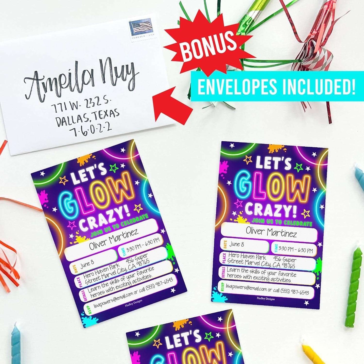 15 Neon Glow Birthday Invitations Girl - Kids Birthday Invitations Boy, Neon Birthday Party Invitations For Boys, Glow Birthday Invites For Boy, Birthday Invitation Cards, Neon Birthday Party Invites