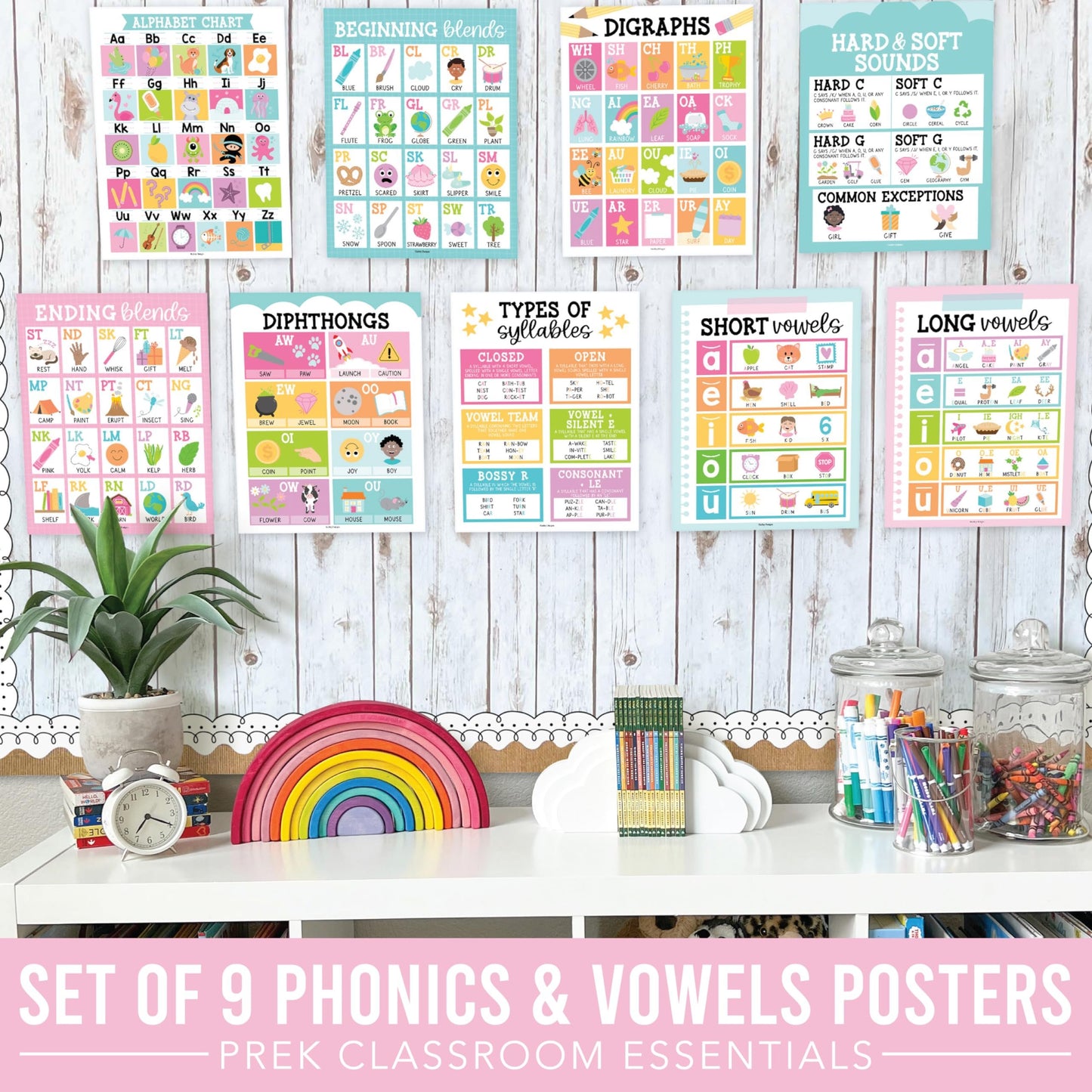 Colorful Bright Phonics & Vowel Posters | Set of 9 | Educational Posters