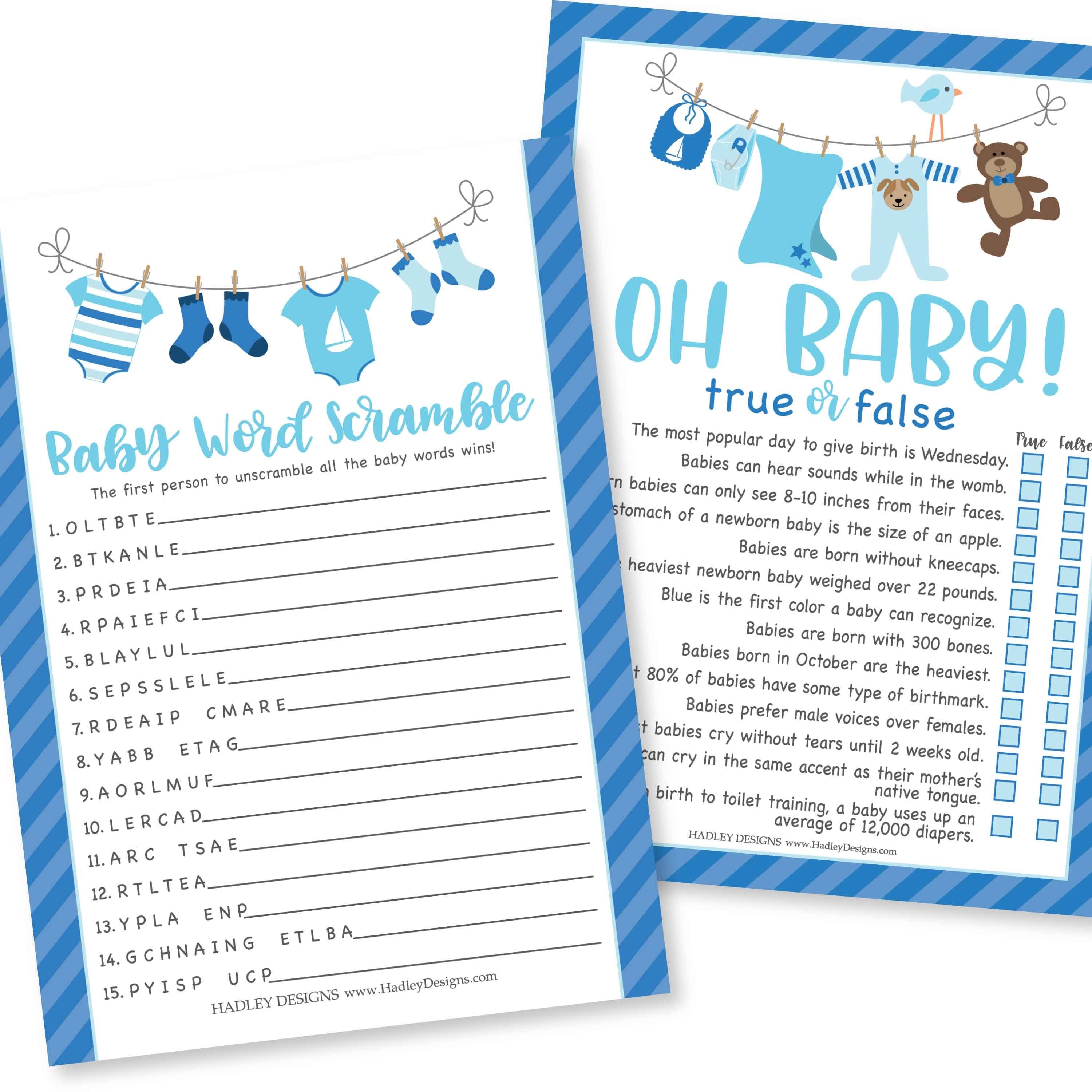 Word Scramble & True or False Games | Set of 25 | Baby Shower Games