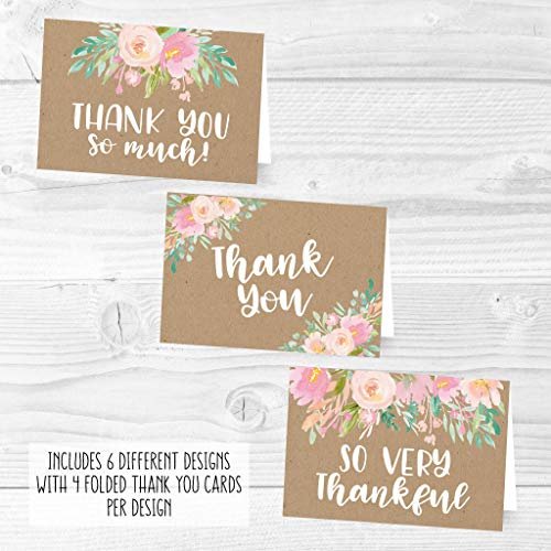 Blush Floral Kraft Folded Thank You Cards | Set of 24 | General