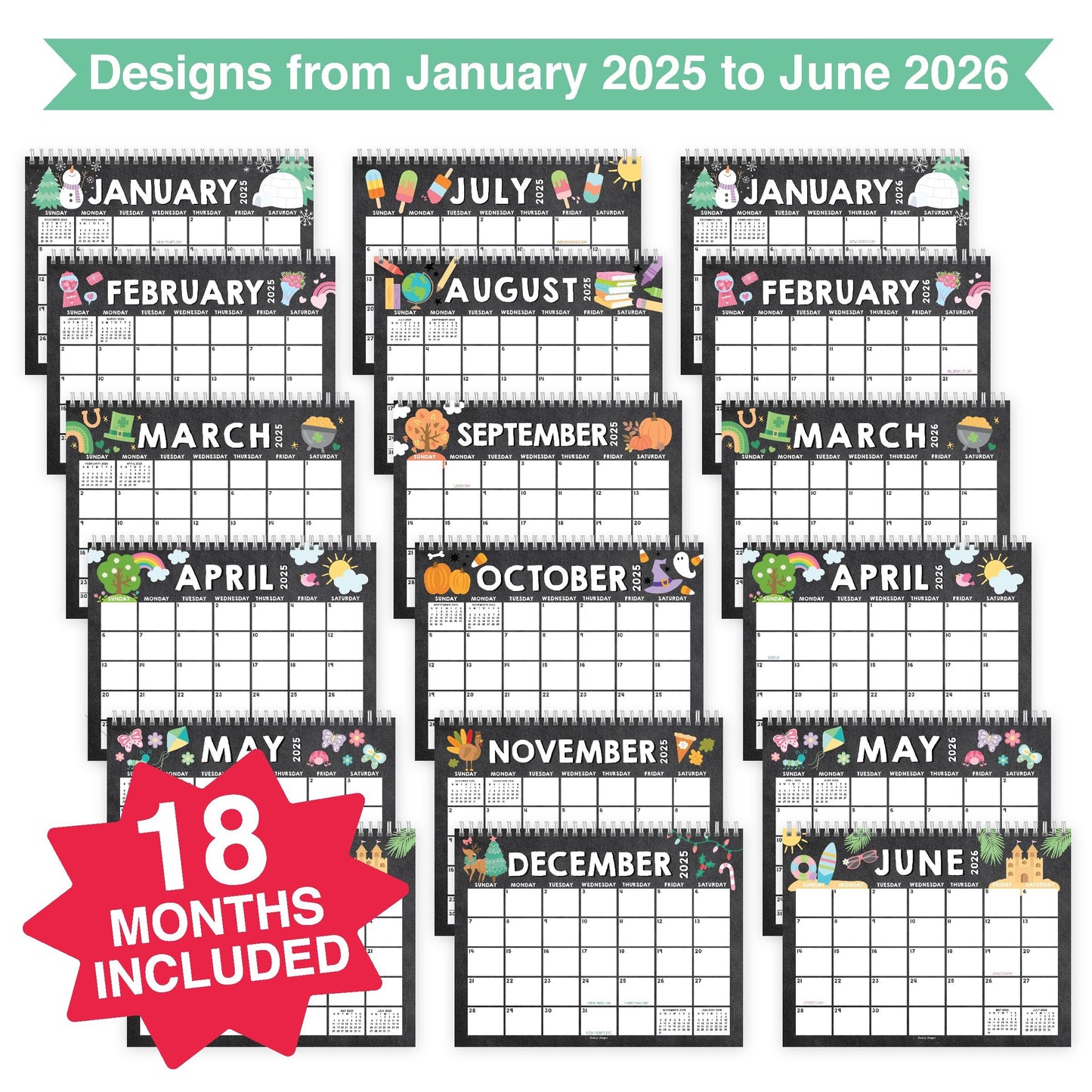 Chalk Doodle Small Desk Calendar | 2025-2026 | Standing Flip Calendar