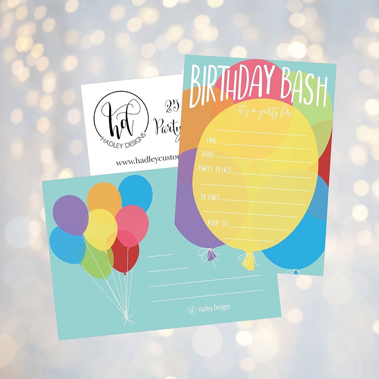 25 Balloon Rainbow Party Invitations for Kids, Teens, Adults, Boys & Girls, Blank Children Happy 1st Birthday Invitation Cards, Unique Baby First Bday Invites, Toddler 1 2 3 Year Old Invites Fill In