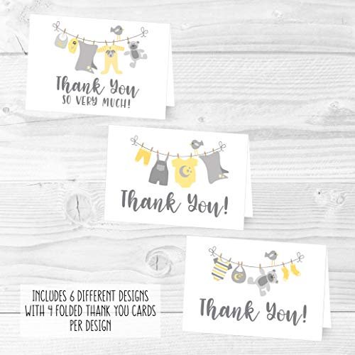 Yellow Clothesline Folded Thank You Cards | Set of 24 | Baby Shower