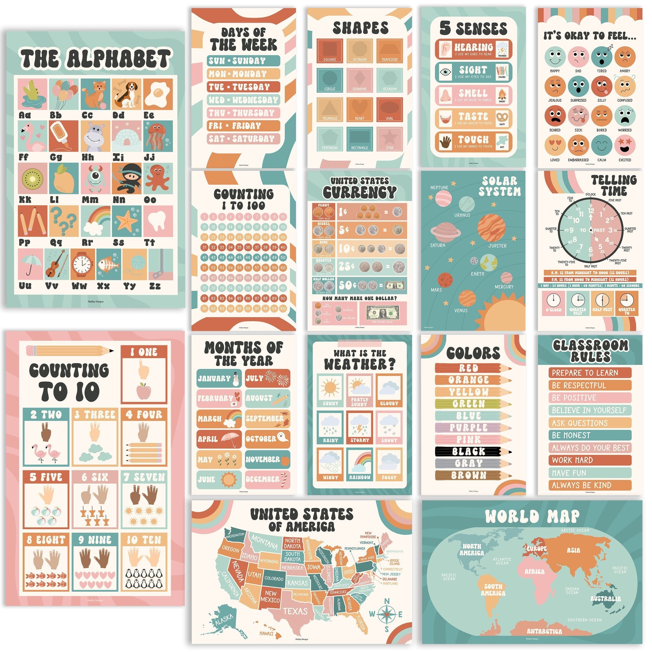 PreK Educational Posters | Set of 16 | Classroom Supplies