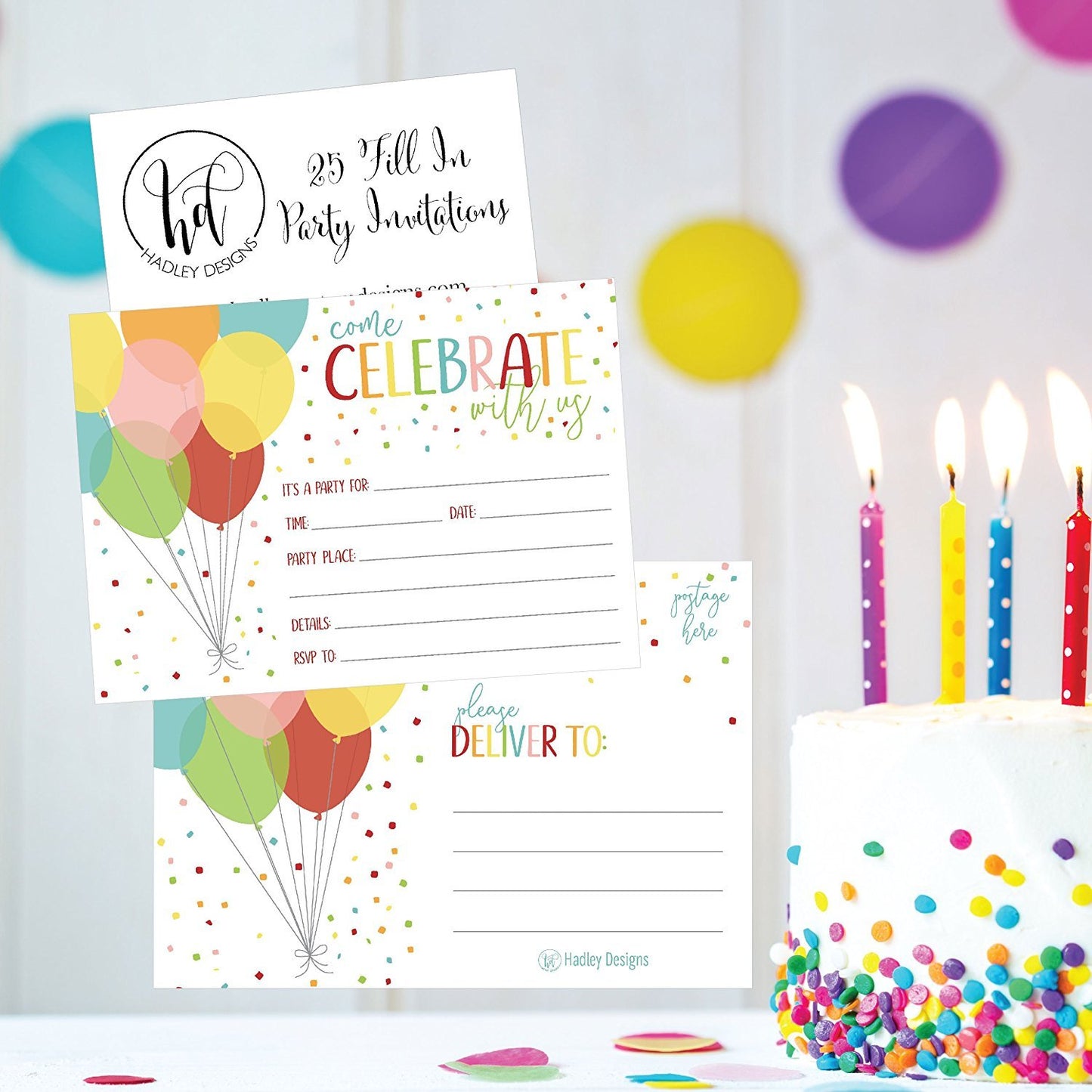 25 Rainbow Balloon Party Invitations for Kids, Teens, Adults, Boys & Girls, Blank Children Happy 1st Birthday Invitation Cards, Unique Baby First Bday Invites, Toddler 1 2 3 Year Old Invites Fill In