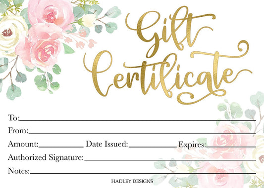 25 5x7 Gold Pink Floral Gift Certificates