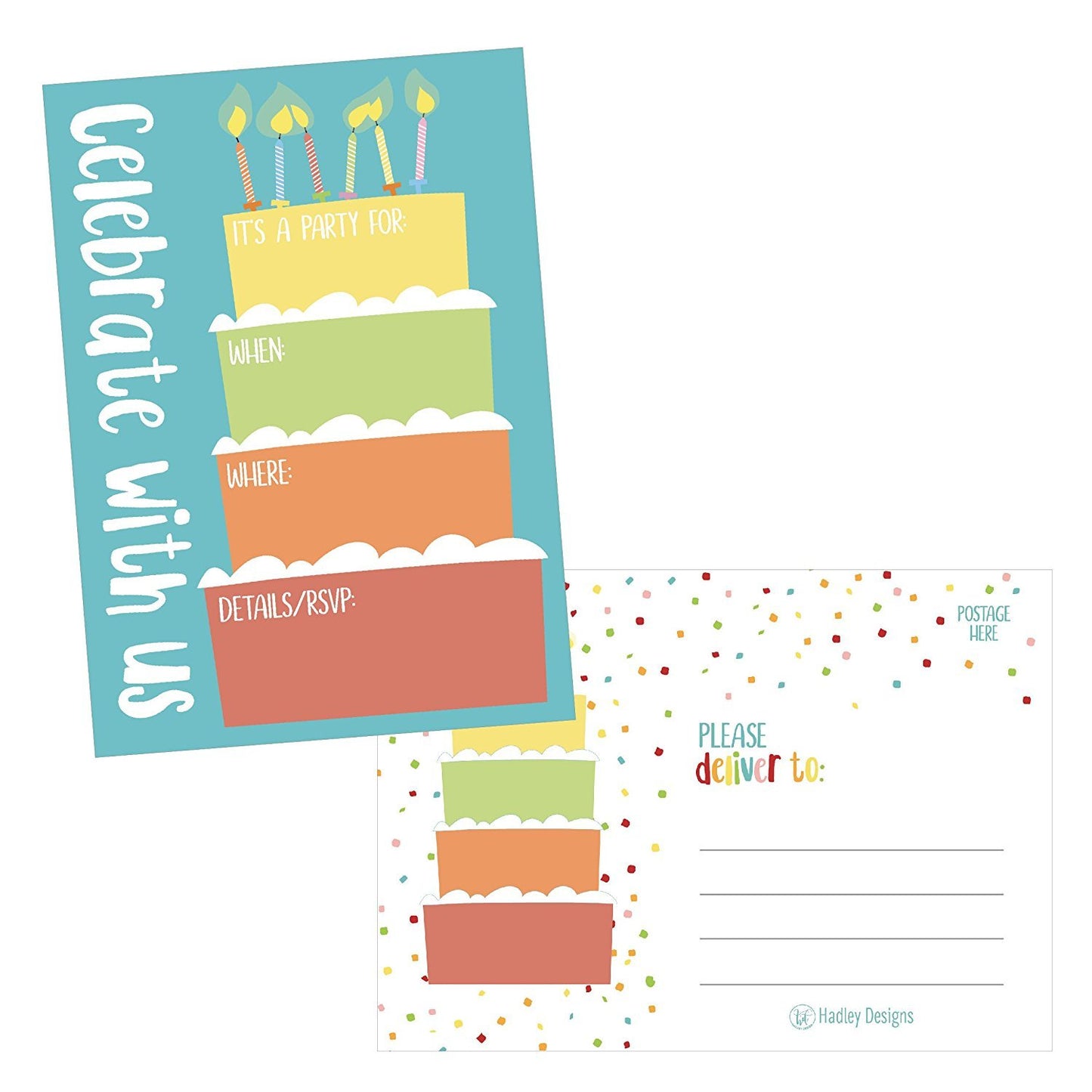 25 Cake Rainbow Party Invitations for Kids, Teens, Adults, Boys & Girls, Blank Children Happy 1st Birthday Invitation Cards, Unique Baby First Bday Invites, Toddler 1 2 3 Year Old rsvp Invites Fill In