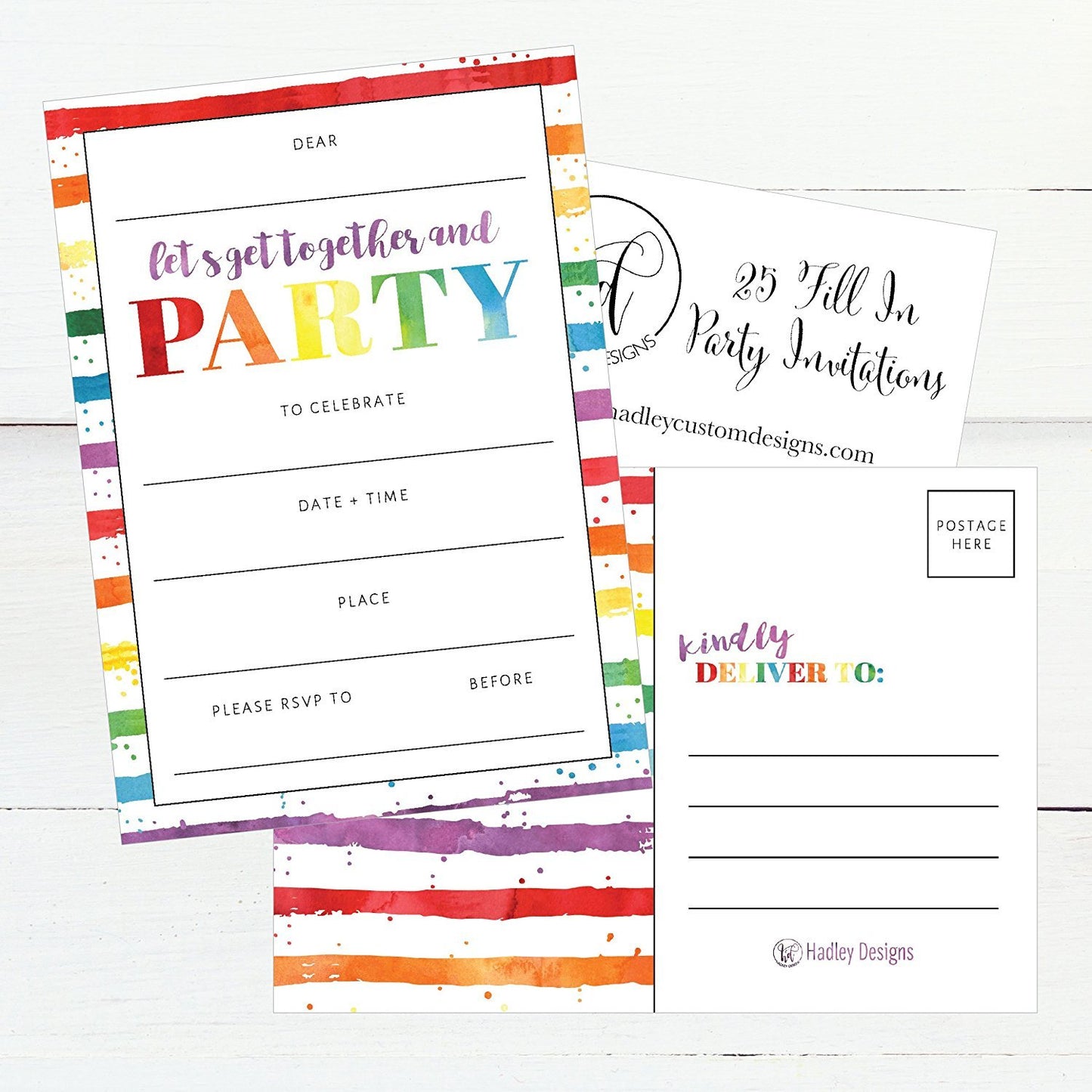 25 Art Stripe Rainbow Party Invitations for Kids, Teens, Adults, Boys & Girls, Blank Children Happy 1st Birthday Invitation Cards, Unique Baby First Bday Invites Toddler 1 2 3 Year Old Invites Fill In