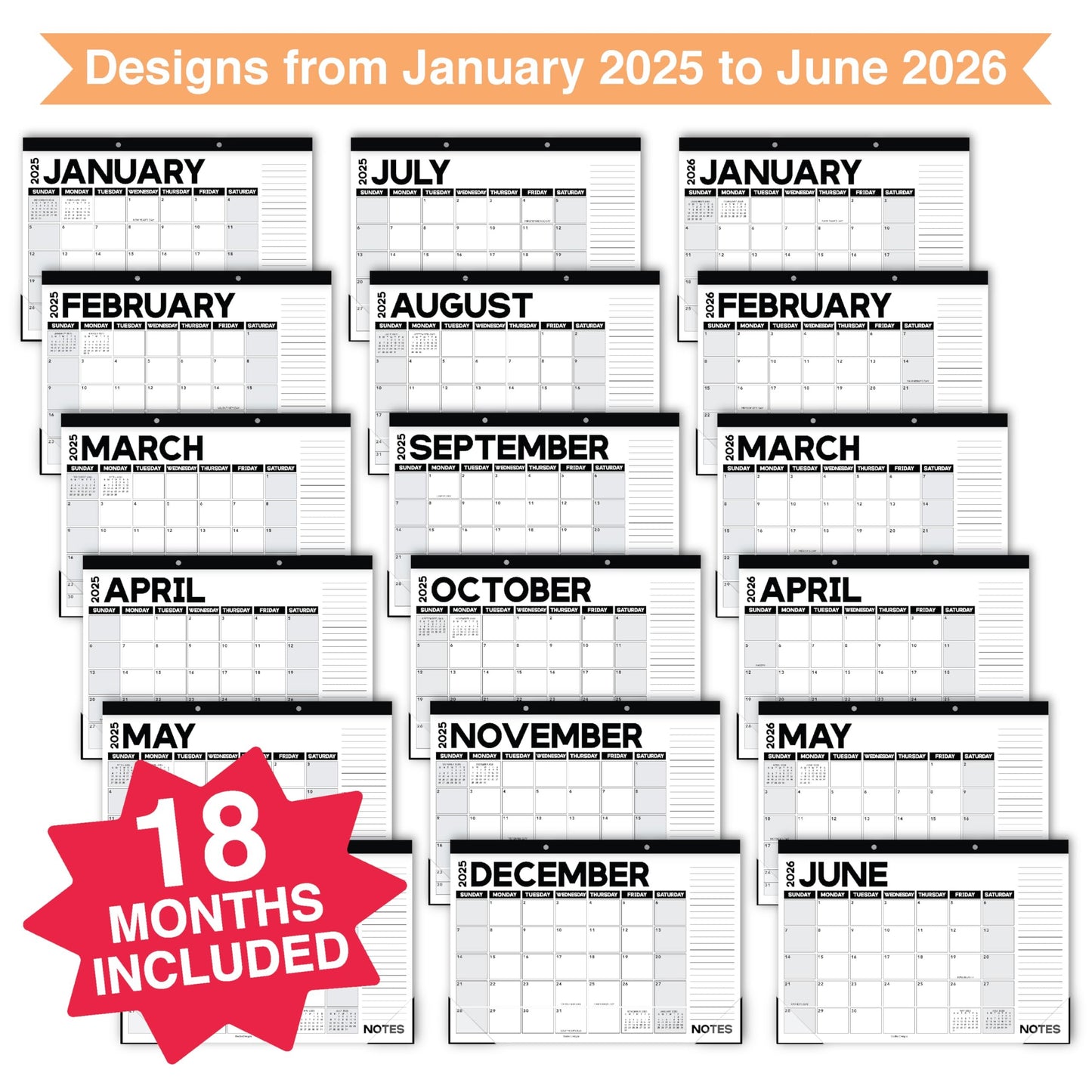 Black & White Large Desk Calendar | 18-Month | 2025-2026 | Calendars & Planners