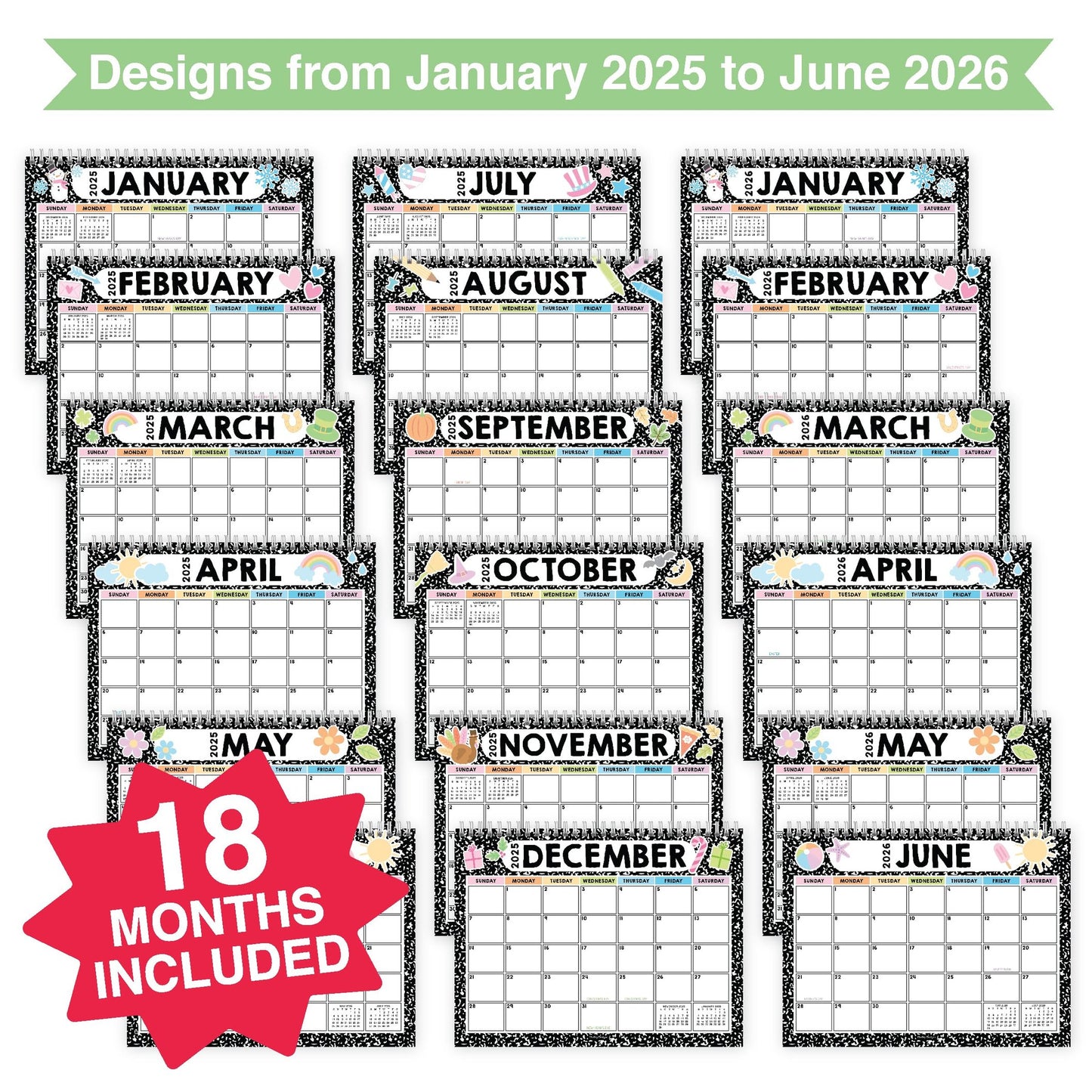 Composition Notebook Small Desk Calendar | 2025-2026 | Standing Flip Calendar