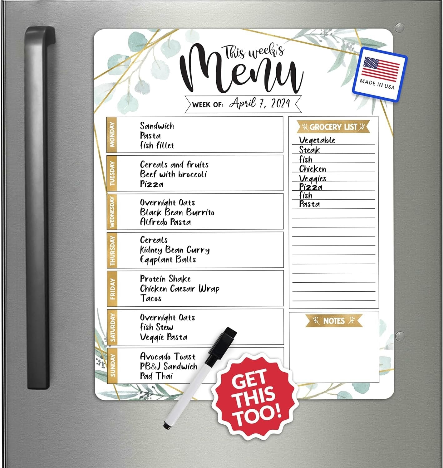 Greenery Weekly Dinner Menu Board For Kitchen - Magnetic Meal Planner For Refrigerator White Board Dry Erase, Weekly Menu Board For Fridge Whiteboard, Weekly Meal Planner Magnetic Fridge Whiteboard