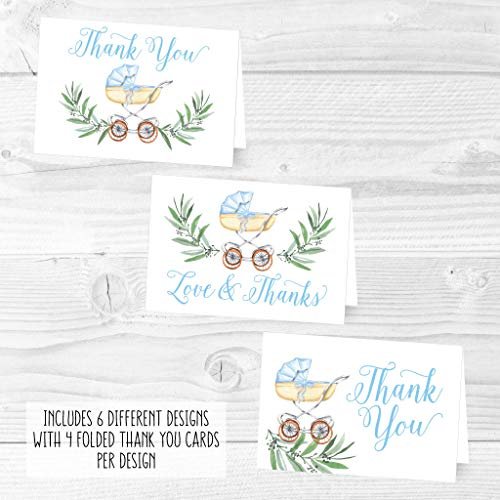 Blue Baby Carriage Folded Thank You Cards | Set of 24 | Baby Shower