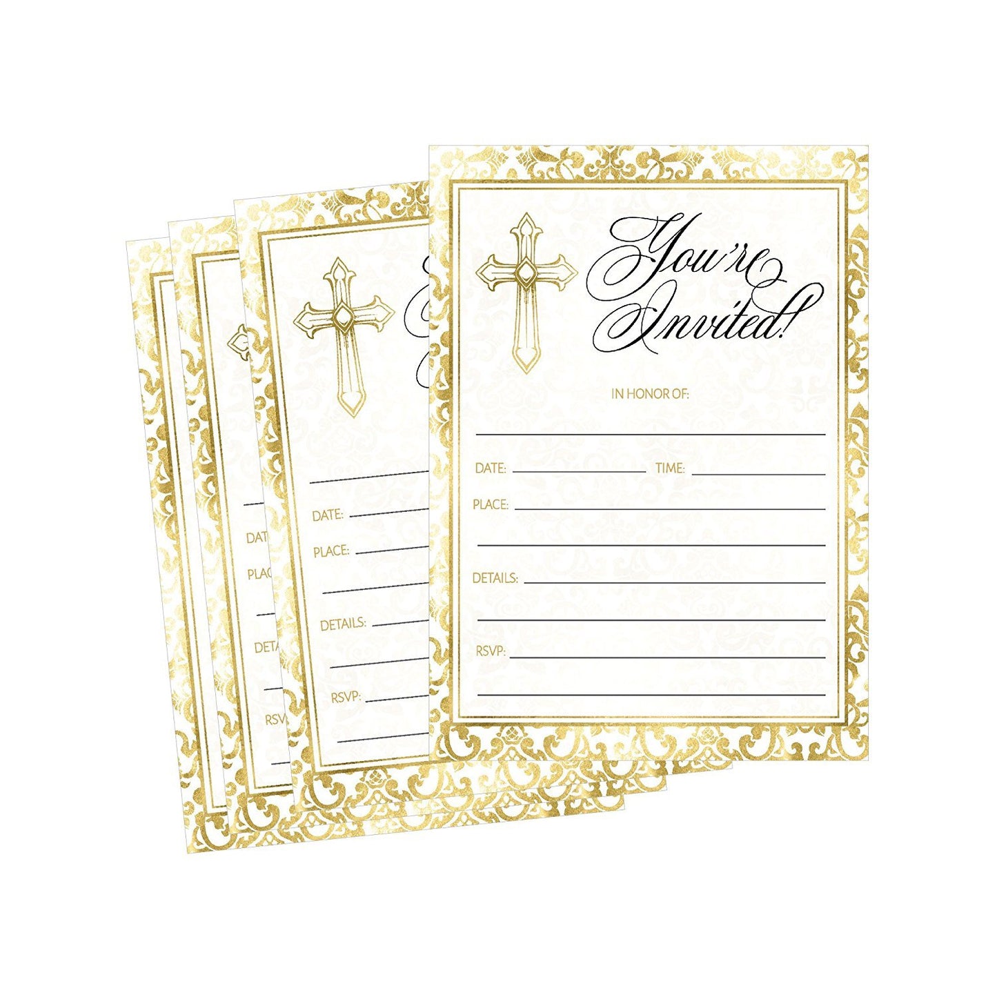 50 Gold Religious Invitations, Confirmation, Holy Communion, Baptism, Christening, Baby Dedication or Blessing, Reconciliation, 1st First Communion Invites, Easter Party Invitation Cards