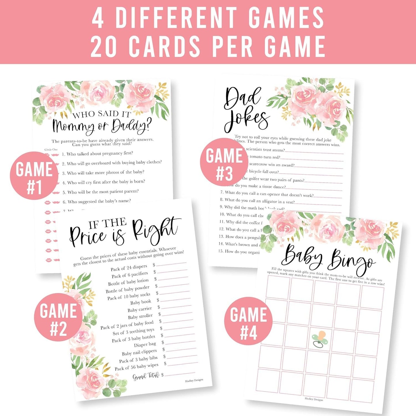 40 Floral Baby Shower Games For Girl - Baby Games For Baby Shower Bingo Game Girl, Guess Who Mommy Or Daddy Baby Shower Game, The Price Is Right Baby Shower Game, Funny Baby Shower Games Dad Jokes