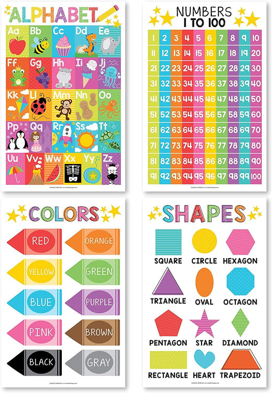 Alphabet, Count 1-100 Numbers, Colors, 2D 3D Shapes, ABC Posters For Toddlers Wall Art Decor, Counting Learning Chart For Kindergarten Classroom Prek Homeschool, 4 Laminated Educational Supplies 11x17