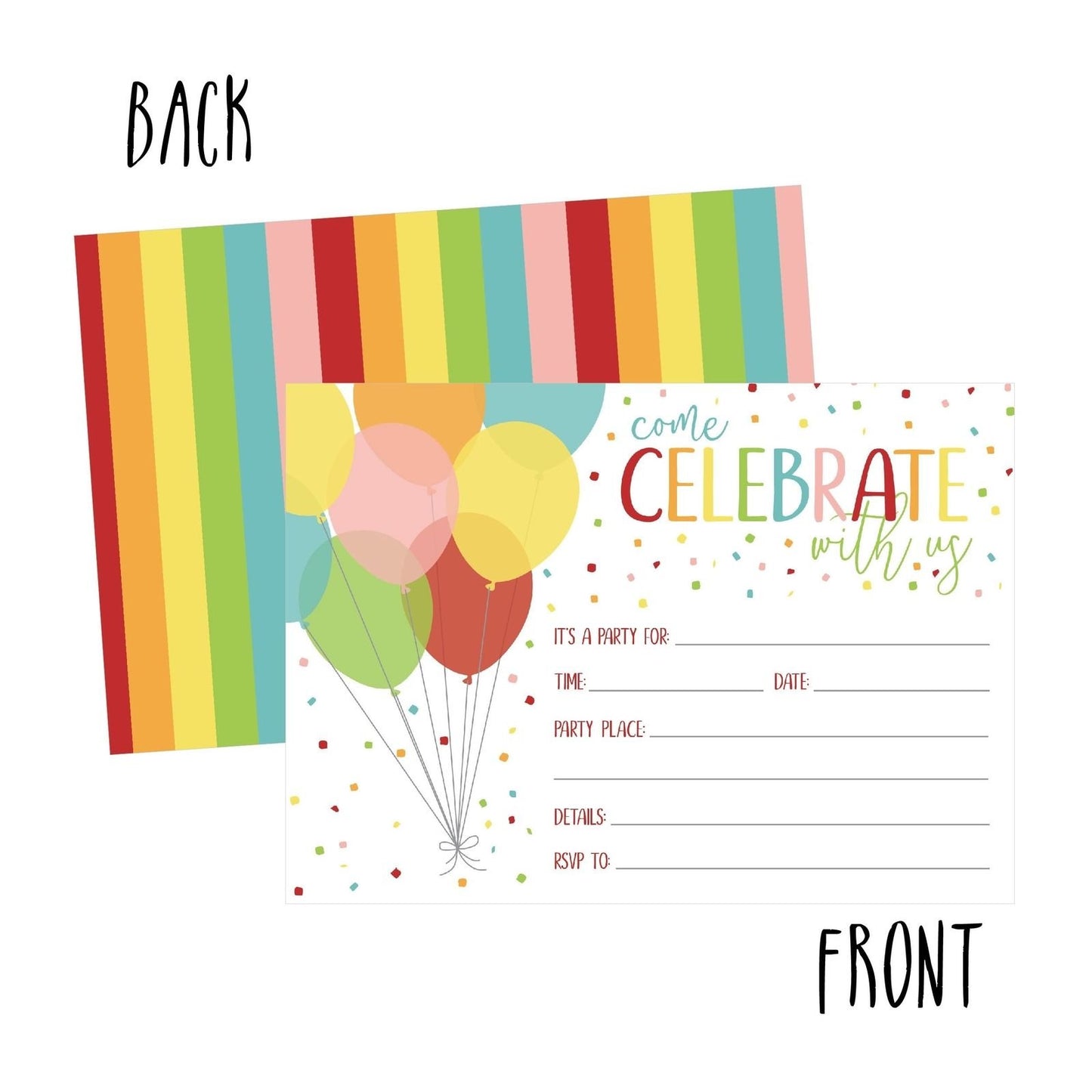 25 Rainbow Balloon Party Invitations for Kids, Teens, Adults, Boys & Girls, Blank Children Happy 1st Birthday Invitation Cards, Unique Baby First Bday Invites, Toddler 1 2 3 Year Old Invites Fill In