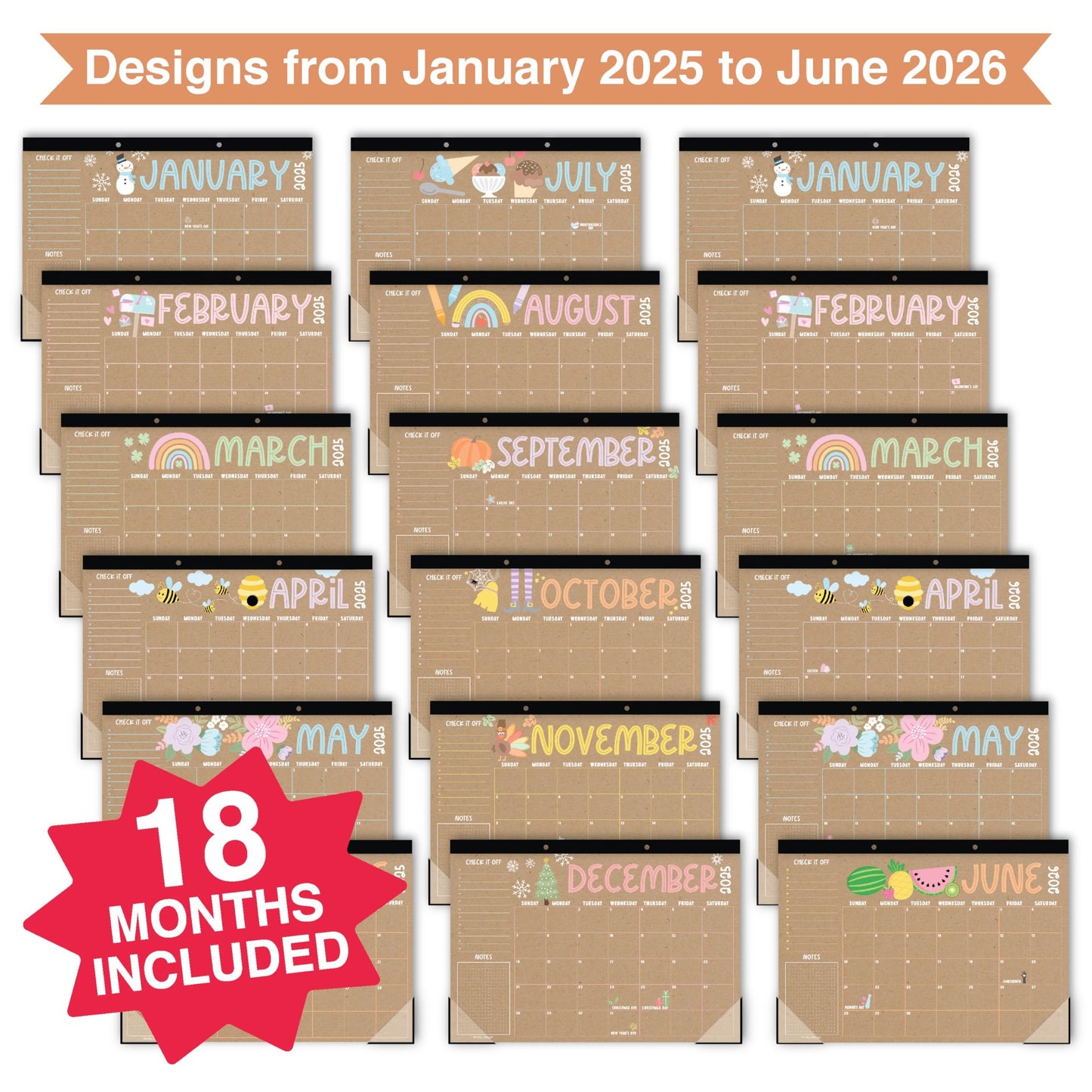 Doodle Kraft Large Desk Calendar | 18-Month | 2025-2026 | Calendars & Planners