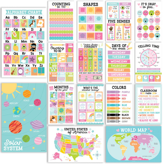 Colorful Pastel Educational Posters | Set of 16 | Classroom Supplies